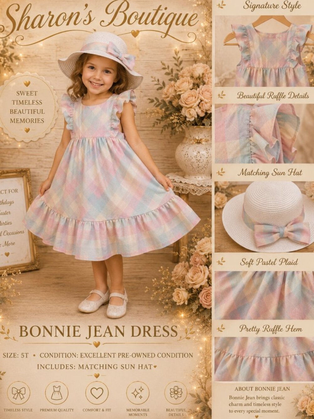 Bonnie Jean Girls 5T Pastel Plaid Dress & Matching Sun Hat Easter Spring Outfit